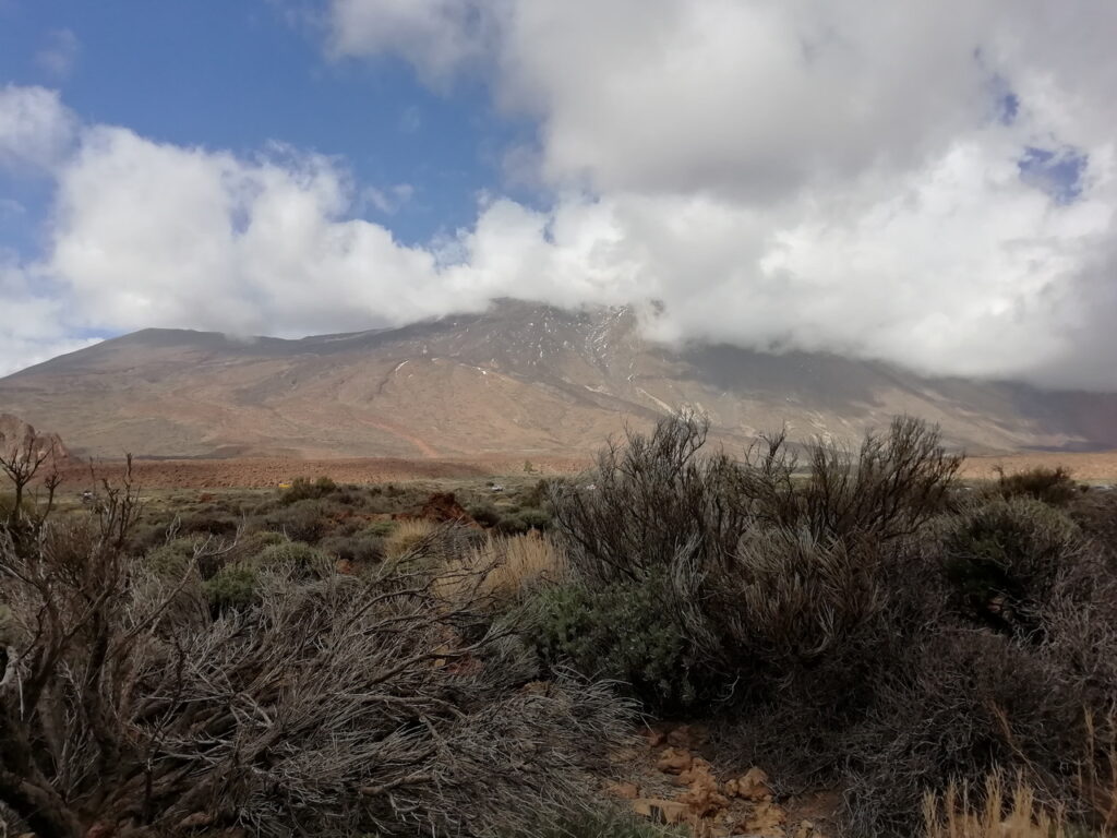 Blick auf den wolkenverhangenen Vulkan Pico del Teide